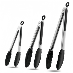 Heat Resistance Non Stick Service <b>Tongs</b> Set of 3 Piece Black Silicone Locking <b>Kitchen</b> Cooking Barbecue Food <b>Tongs</b> - Product Image 1