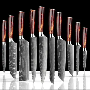 Großhandels preis 10 Stück scharfe Holz Edelstahl Santoku Chef moderne Messer Küchenmesser Set
