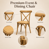 Chaise vintage en bois massif coloré avec dossier en X et assise en rotin, empilable, pour mariage, banquet, événement, location de mobilier, prix de gros