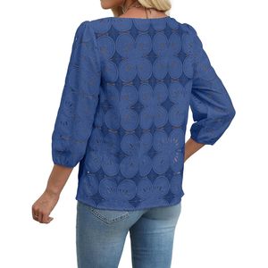 FOXA Blusa de encaje azul real para mujer, manga 3/4, estampado floral, top informal para uso diario - Product Image 5