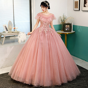 Women Tulle Ball Gown Red Bean Paste Color 3D Floral Embellished Stage Performance Dress Long Evening Gown Adult Size - Product Image 3