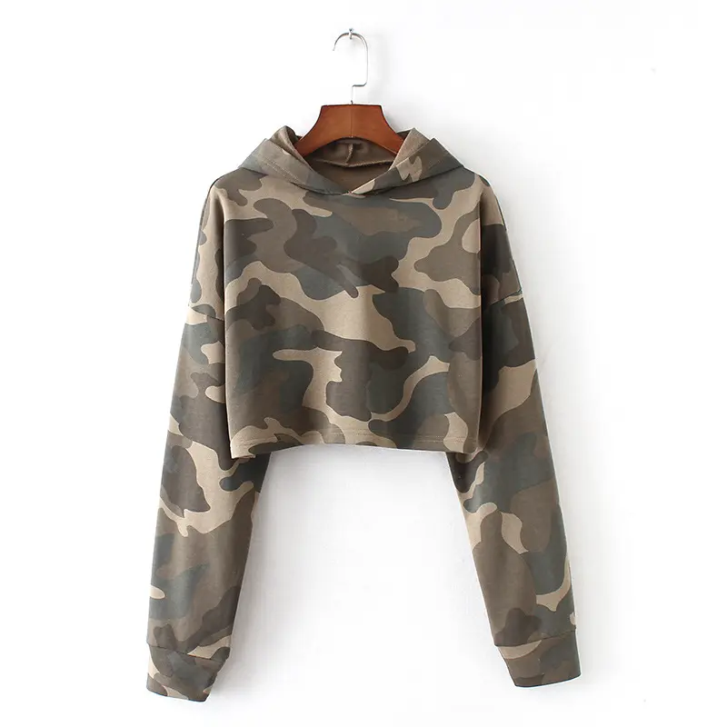 CHM29 Trendy Spring Pullover Terry Cotton Camouflage Womens Slim Fit cheap Crop Top Sweater Short Hoodie without string