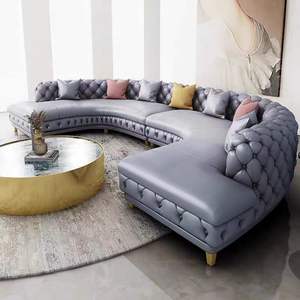 Sofá de tela de lujo con luz nórdica, Villa, sala de estar familiar, moderno sofá curvo azul con hebilla de <span class=keywords><strong>esquina</strong></span> de tela <span class=keywords><strong>en</strong></span> forma de L - Product Image 1