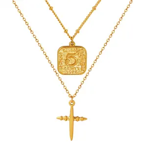 Fashion Fine Stainless Steel Layer Chain Necklace Square Charm Cross Pendant Necklace
