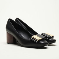 Chaussures habillées pour femmes en cuir de mouton à talon carré, avec nœud doré, pour le bureau - Liquidation de palettes