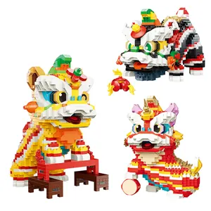 Karşılama kültür Mini tuğla aslan dans yapı taşı setleri 3D modeli monte oyuncaklar çin yeni yıl hediyeleri