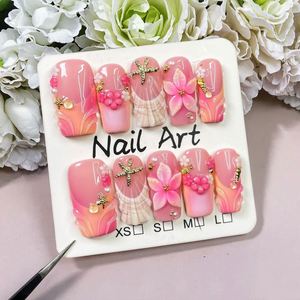 <span class=keywords><strong>Uñas</strong></span> Postizas Acrílicas Cuadradas Medianas, Diseño Floral 3D, Estilo Francés <span class=keywords><strong>Nude</strong></span>, Reutilizables, Hechas a Mano, Cobertura Completa, Arte de <span class=keywords><strong>Uñas</strong></span> - Product Image 1
