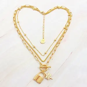 Fashion alloy necklace gold plating O T buckle multi layer chain lock Star Crystal Diamond pendant necklace for women