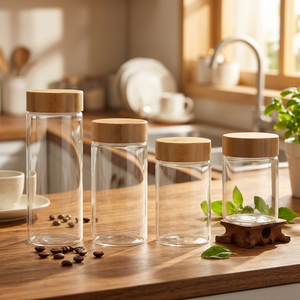 Vente en gros de pots de conservation alimentaire en verre borosilicate écologiques, hermétiques, à parois droites, personnalisés, de 200 ml, 250 ml, 300 ml, avec couvercle en bambou. - Product Image 1