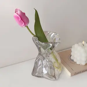 Nordic ins vas bunga Bening, tas kertas lilit transparan tidak teratur, vas bunga kristal kaca bening