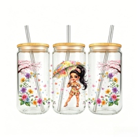 Fille Dessin Animé Fleurs UV DTF Wrap Gobelet Imperméable Autocollant Transfert Design Ludique pour Tasse Verre Cadeau Créatif