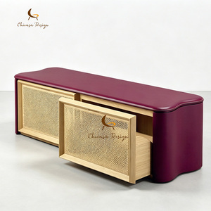Curved Burgundy Leather Wrapped TV Stand Natural Rattan Mesh Drawer Panels <b>Storage</b> Compartments Household <b>Bedroom</b> Tv <b>Cabinet</b> - Product Image 3