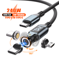 (Nuevo 2026) Cable de Carga Rápida y Datos 3 en 1 Tipo C (USB-C) de 9 Pines y 240W con Rotación de 540° y Pantalla Digital para Teléfono y Portátil, 5A