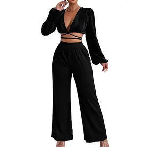 Conjunto de pantalones largos de manga larga y cuello de pico para mujer, conjunto sexy de moda, venta al por mayor, nuevo