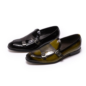Chaussures en cuir haut de gamme pour hommes, mocassins à double boucle en cuir verni vert et noir pour banquets et mariages, cuir véritable - Product Image 1
