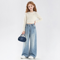 Jeans à taille haute et jambes larges pour grandes filles avec embellissement en strass, pantalon en denim délavé pour enfants de 6 à 14 ans