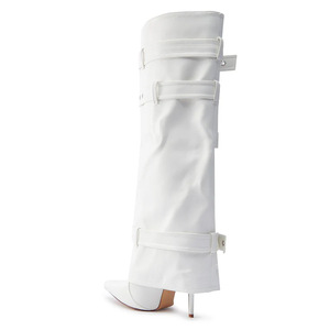 Women's Overlay Fashion Long <b>Boots</b> Slim High-Heeled Pointed Toe Pants Knee High Booties Belt Metal Buckles Shoes - Product Image 5