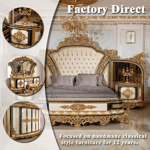Set di Mobili per Camera da Letto Principale in Legno Avorio Dorato di Lusso, Stile Classico Turco Intagliato, per Arredamento di Ville e Palazzi di Alta Gamma - Product Image 2