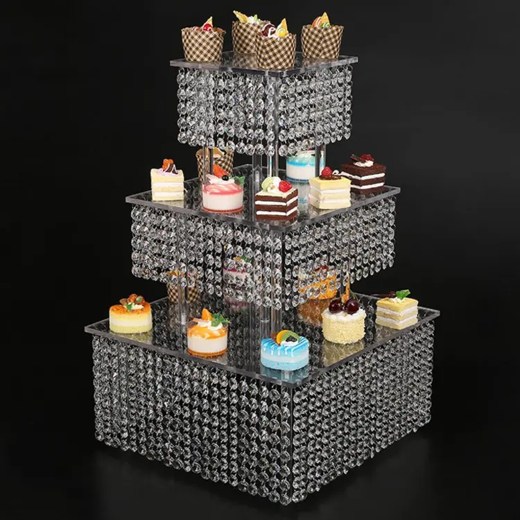 Europäischer 3-Schichten-Kristallperlen-Quadrat-Acryl-Klar-Buffet-Ständer für Obstkuchen für Hochzeitsfeiern