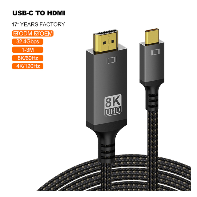 New Product A378 8K USB Type C Male-to-HDMI Male Adapter Converter Cable 32.4Gbps Aluminum Alloy 8K USB Cable for Audio Video