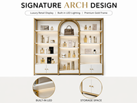 Présentoir Métallique Arqué de Luxe Doré Moderne pour Soins de la Peau, Présentoir de Boutique pour Sacs et Parfums avec Armoires de Rangement