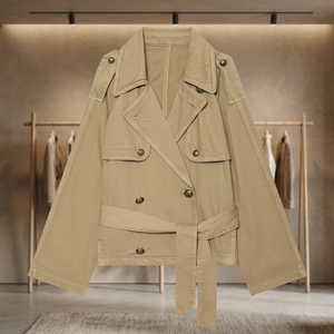 Gabardina Corta para Mujer, Color Beige, de Algodón, con Solapa, Doble Botonadura y Cinturón, Estilo Vintage para Otoño - Product Image 3
