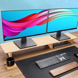 Support de bureau double écran surélevé <span class=keywords><strong>en</strong></span> <span class=keywords><strong>bois</strong></span> de noyer noir massif, marron, <span class=keywords><strong>pour</strong></span> <span class=keywords><strong>ordinateur</strong></span> portable/TV/PC/imprimantes, usage commercial - Product Image 1