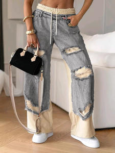 Pantalons décontractés pour femmes Pantalons longs d'été à taille élastique et à cordon de serrage ajustable Pantalons d'épissage en denim avec poches - Product Image 3