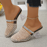 Sandales mules pour femmes en maille ajourée à talon transparent, à enfiler, décontractées, pour l'été