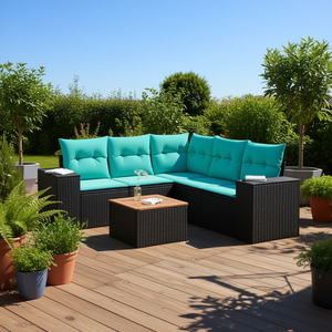 Conjunto de Sofás para Patio de 6 Piezas, Ratán Sintético Negro con Cojines, Solución de Almacenamiento para Exteriores, Forma Rectangular, Tipo de Pie - Product Image 2