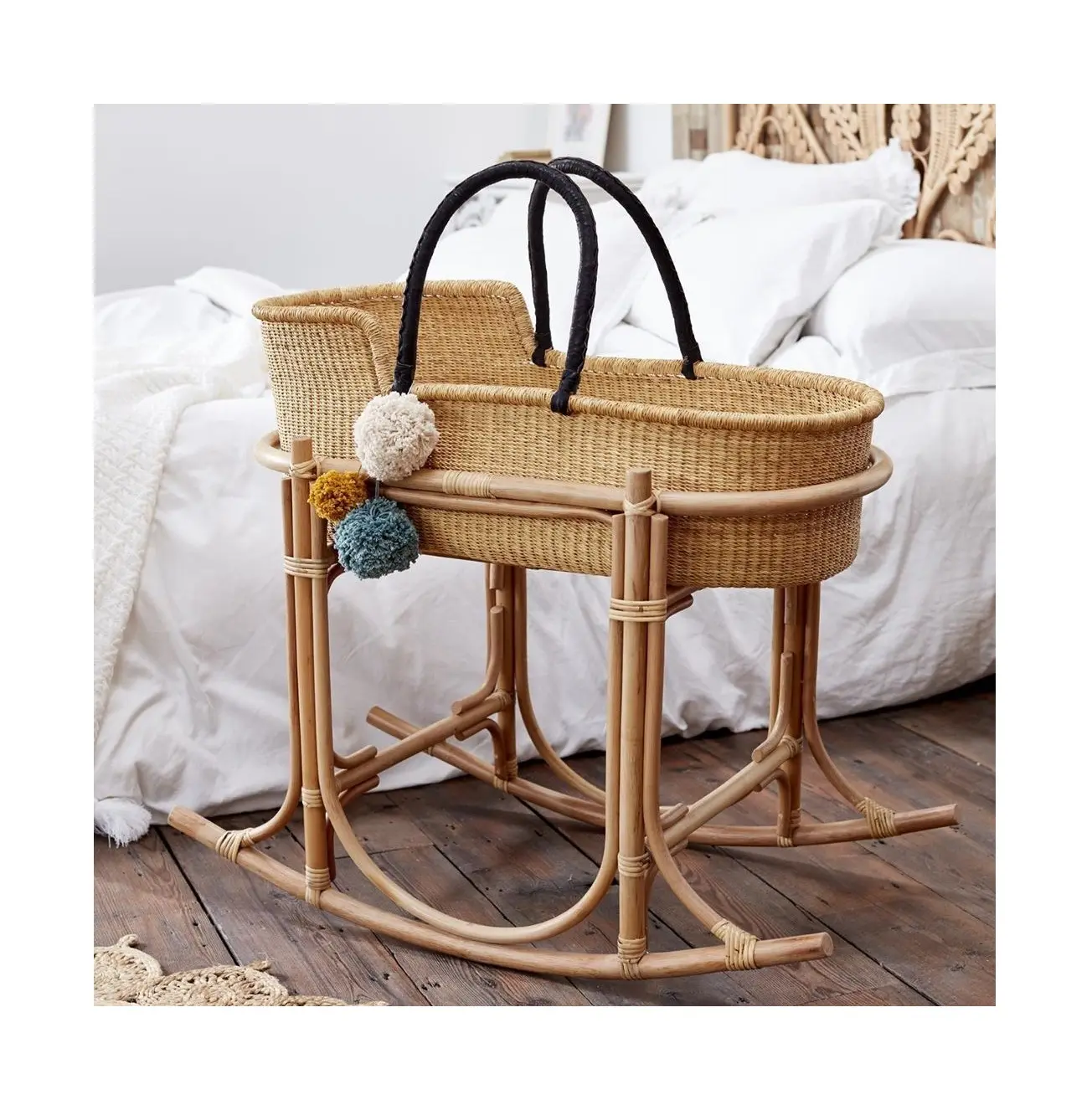 Rattan baby moses basket with rocking stand