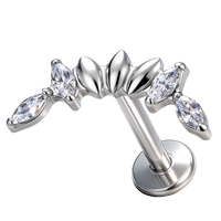 Piercing Labret en Titane ASTM F136 G23 avec Zircon Cubique Marquise Courbé, Plaqué PVD, Filetage Interne, pour Cartilage, Tragus, Hélix