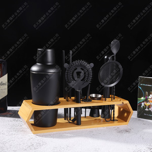 Stainless Steel Cocktail Shaker Heiyaguang Complete Set Of Shaking Tools With Bamboo Frame Base