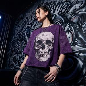 Camiseta de hombre con calavera de diamantes de imitación y lavado ácido de 280 g, 100% algodón, estilo urbano, transpirable, ecológica, para minoristas de comercio electrónico global, MOQ - Product Image 5