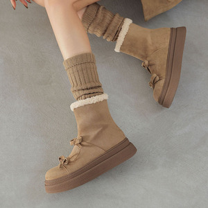 <b>Bow</b> Decor Mid Calf Boots Fleece Lined Platform <b>Shoes</b> For Sweet Casual Female Outfits And Urban Daily Strolls Fashion boot - Product Image 1