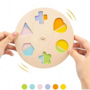 Childhood Development <b>Puzzle</b> Wooden Pattern Blocks with Turntable Educational Colorful Shape Blocks Sorting Stacking Toys - Product Image 4