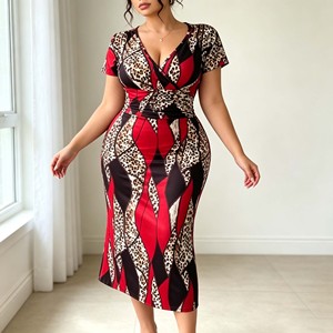 Abito Sexy Plus Size con Stampa Leopardata Geometrica, Scollo a V, Maniche Corte, Aderente, Lunghezza al Ginocchio, per Club, Feste e Serate in Città, Personalizzabile - Product Image 3