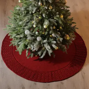 48英寸圣诞树裙，带褶边乡村可逆针织圣诞树裙垫，用于节日派对装饰