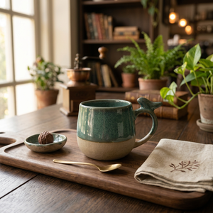 Tasse à café en céramique faite à la main, dégradé bleu, poignée en forme d'oiseau, design moderne, grande capacité, tasse à thé, anti-fuite, passe au lave-vaisselle, passe au micro-ondes - Product Image 1