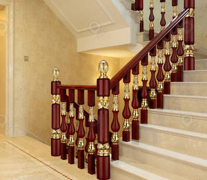 Ringhiera per Scale in Legno di Quercia Rosa Stile Antico Americano per Hall di Hotel, Scala Curva Intagliata in Legno, Gradini in Mogano per Villa - Product Image 1