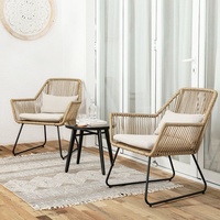 Ensemble de salon de jardin nordique en rotin tressé avec dossier et structure métallique, trois pièces, pour balcon, patio et cour