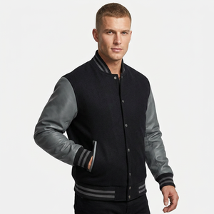 Chaqueta Varsity Negra Unisex, Mangas Grises de Poliéster/Algodón, Corte Regular, Estilo Casual, Cuello Alto, Cierre de Botones, Forro Polar Transpirable - Product Image 1