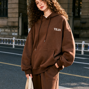 TKAN300 suelta de color sólido al por mayor de las mujeres de alta calidad de algodón con capucha y Jogger 2 piezas chándal conjunto de chándal para el invierno - Product Image 3