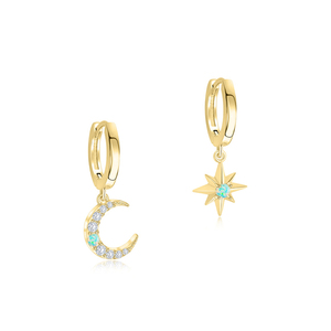 Pendientes Colgantes Asimétricos de Plata de Ley S925 con Estrella, Luna, Circonita y Ópalo, 18k - Product Image 1