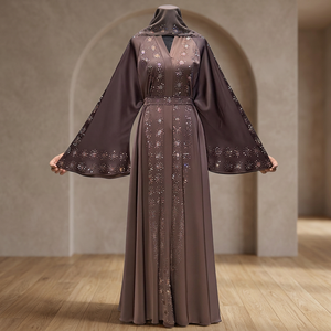 Premium Women Handmade Beaded Breathable Ankle Length Abaya Turkish Style Polyester V Neck Fashionable Modest Dress Eid - Product Image 3