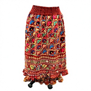 Bohemian Asymmetrical Maxi <b>Skirt</b> Women <b>Elastic</b> <b>Waist</b> Hand Embroidered Ruffles Geometric Pattern Breathable Cotton Ankle ODM - Product Image 2