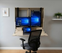 Bureau informatique moderne en contreplaqué durable à hauteur réglable, avec armoire murale, élévateur électrique, rangement escamotable et double écran