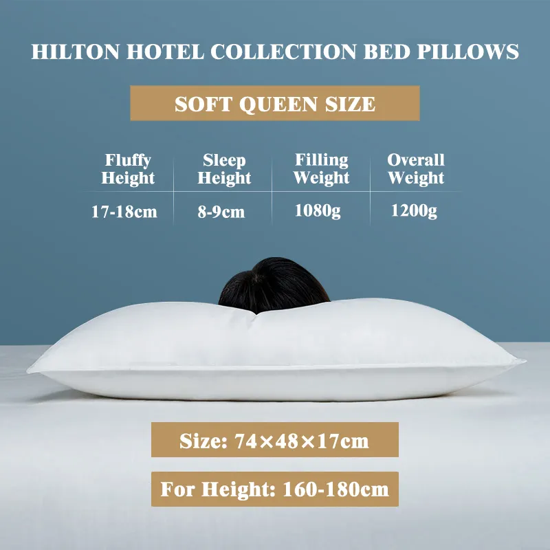 Almohada de cama de lujo con memoria al por mayor, almohada de relleno suave para cama de hotel, almohada para dormir Hilton de 1000g con bolsa para dormir cómoda