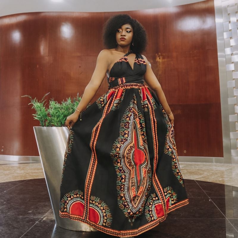 MANNI Women's African Print Casual Party Dress Dashiki Traditional Costume