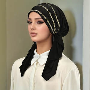 Bandeau Moyen-Orient Écharpe Instantanée Hijab Turban Islamique Bandana Rayures Dorées Chapeau Élastique Casquette pour Femme Hijab Musulman - Product Image 3